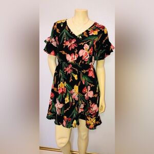 Black Floral Ruffle Sleeve Mini Dress